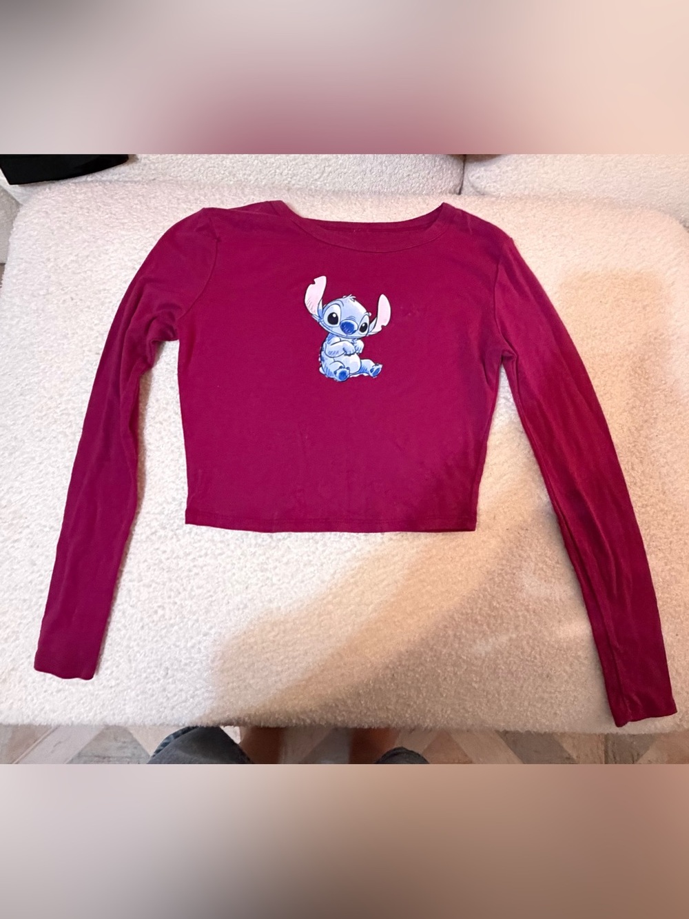 Disney Girls' Long-Sleeve Cropped Top with Stitch Graphic - Deep Pink